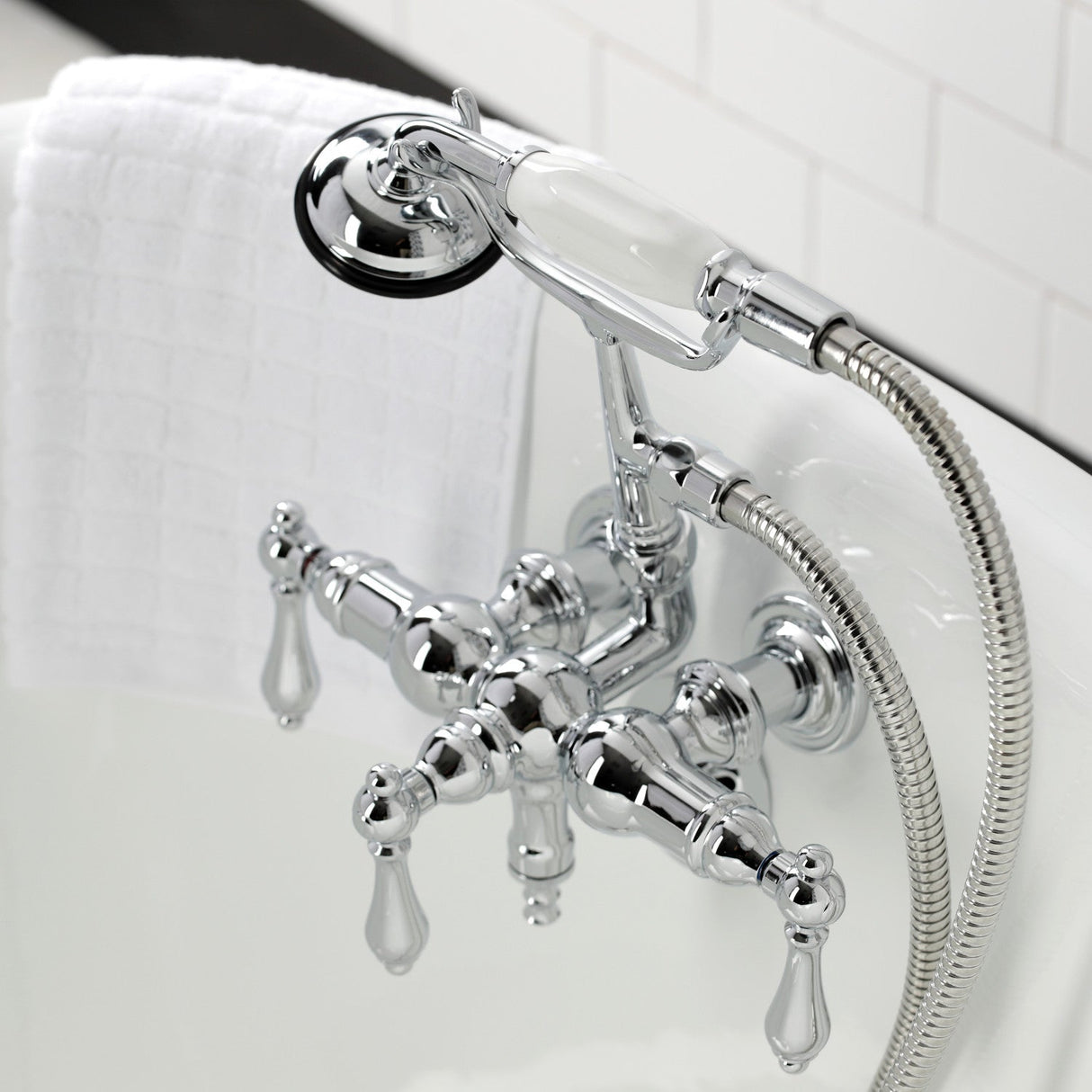Vintage CA20T1 Three-Handle 2-Hole Wall Mount Clawfoot Tub Faucet with Hand Shower, Polished Chrome