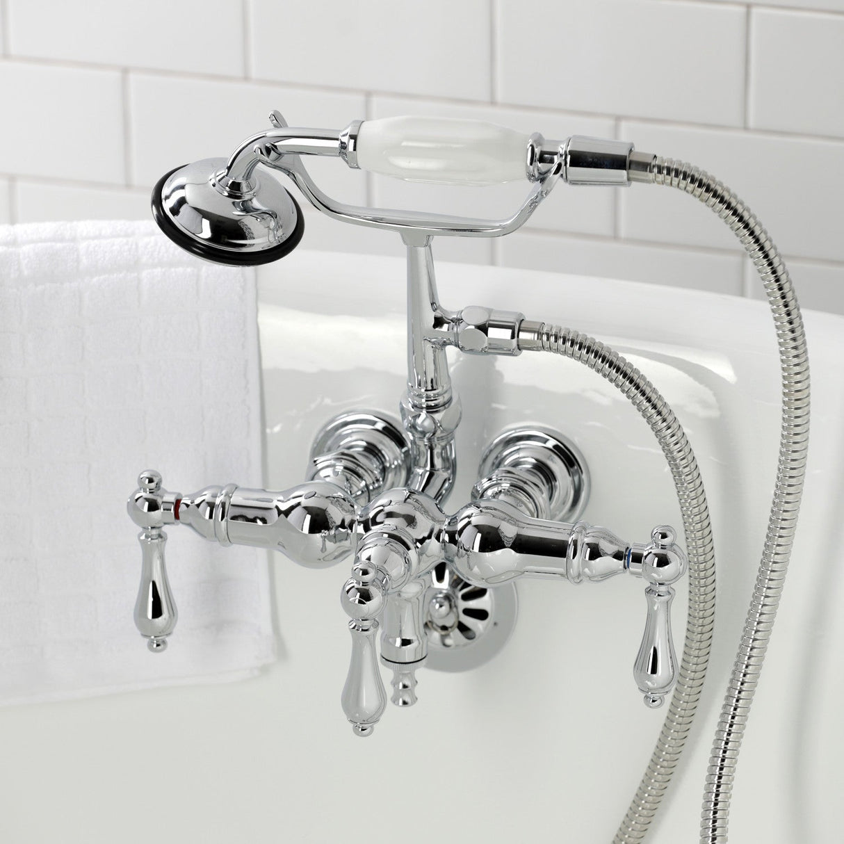 Vintage CA20T1 Three-Handle 2-Hole Wall Mount Clawfoot Tub Faucet with Hand Shower, Polished Chrome