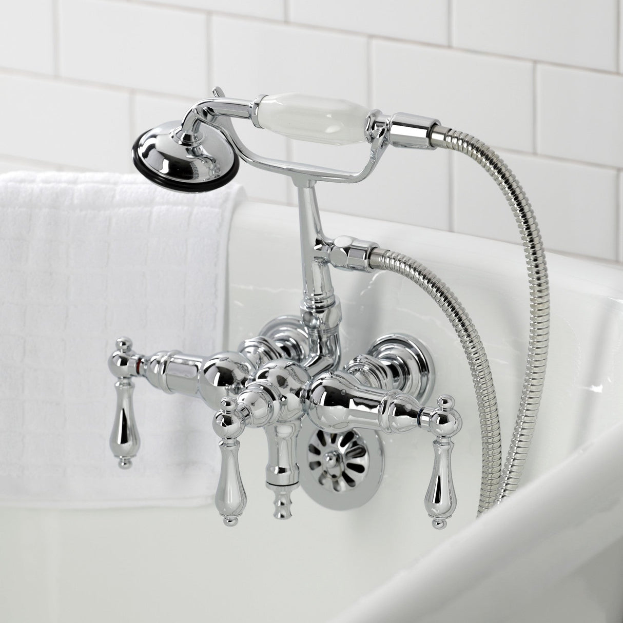 Vintage CA20T1 Three-Handle 2-Hole Wall Mount Clawfoot Tub Faucet with Hand Shower, Polished Chrome