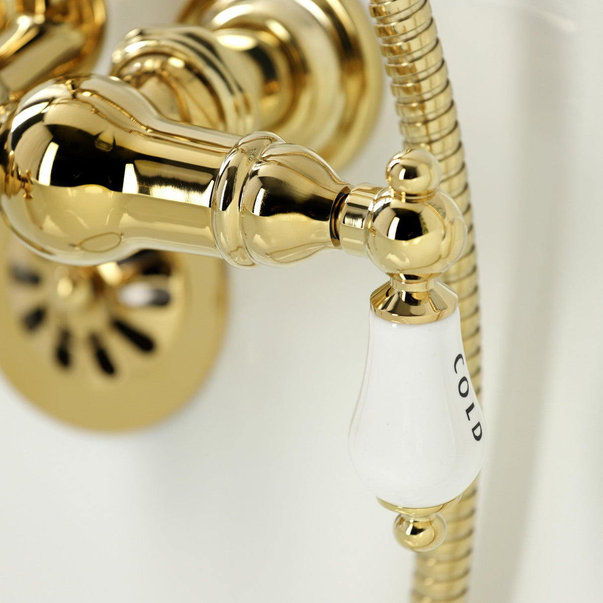 Vintage CA21T2 Three-Handle 2-Hole Wall Mount Clawfoot Tub Faucet with Hand Shower, Polished Brass