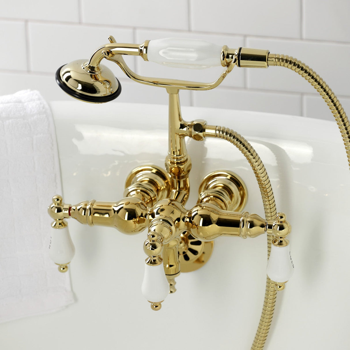 Vintage CA21T2 Three-Handle 2-Hole Wall Mount Clawfoot Tub Faucet with Hand Shower, Polished Brass