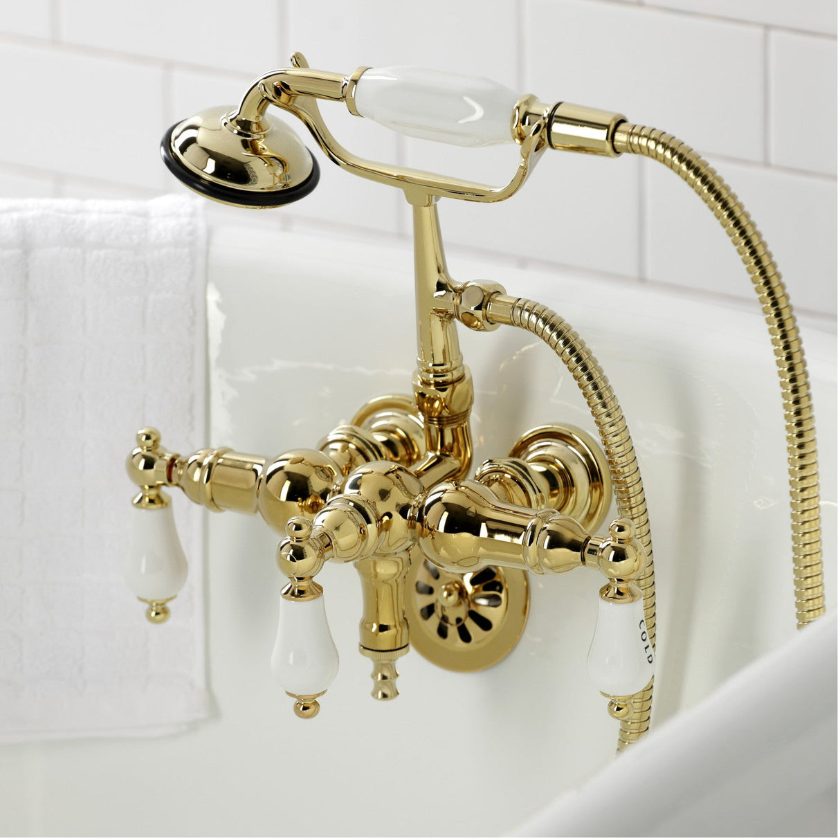 Vintage CA21T2 Three-Handle 2-Hole Wall Mount Clawfoot Tub Faucet with Hand Shower, Polished Brass