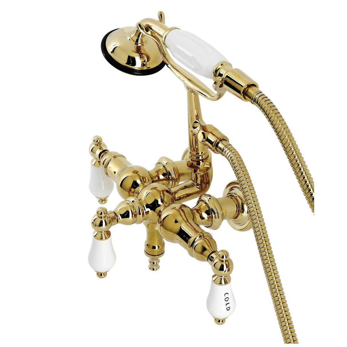 Vintage CA21T2 Three-Handle 2-Hole Wall Mount Clawfoot Tub Faucet with Hand Shower, Polished Brass