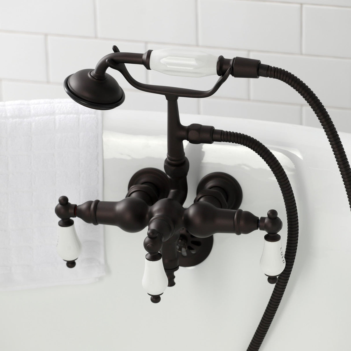 Vintage CA21T5 Three-Handle 2-Hole Wall Mount Clawfoot Tub Faucet with Hand Shower, Oil Rubbed Bronze