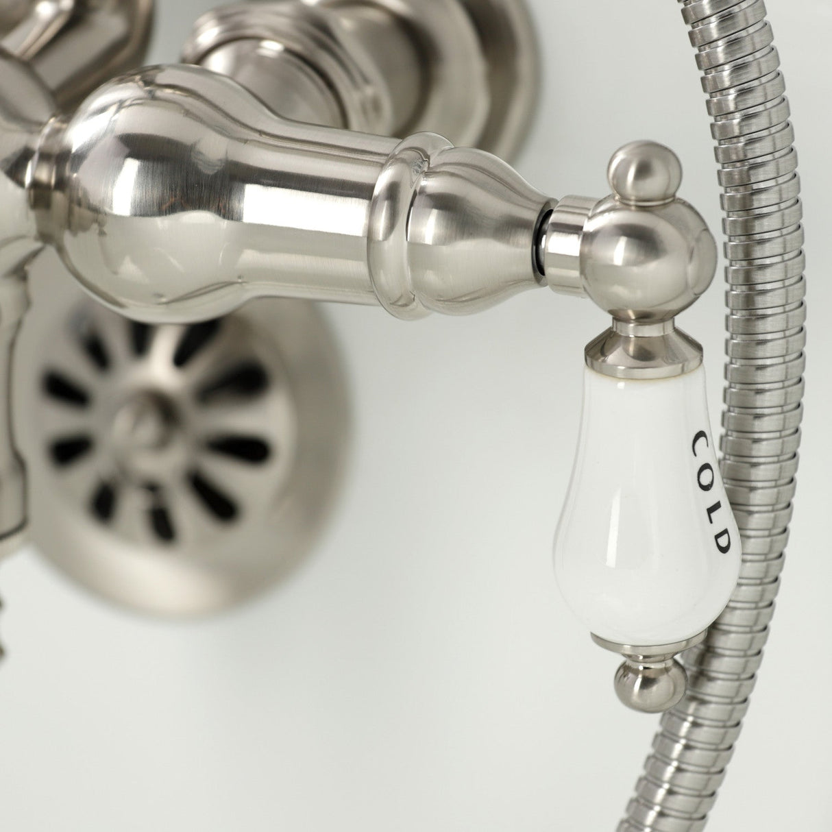 Vintage CA21T8 Three-Handle 2-Hole Wall Mount Clawfoot Tub Faucet with Hand Shower, Brushed Nickel