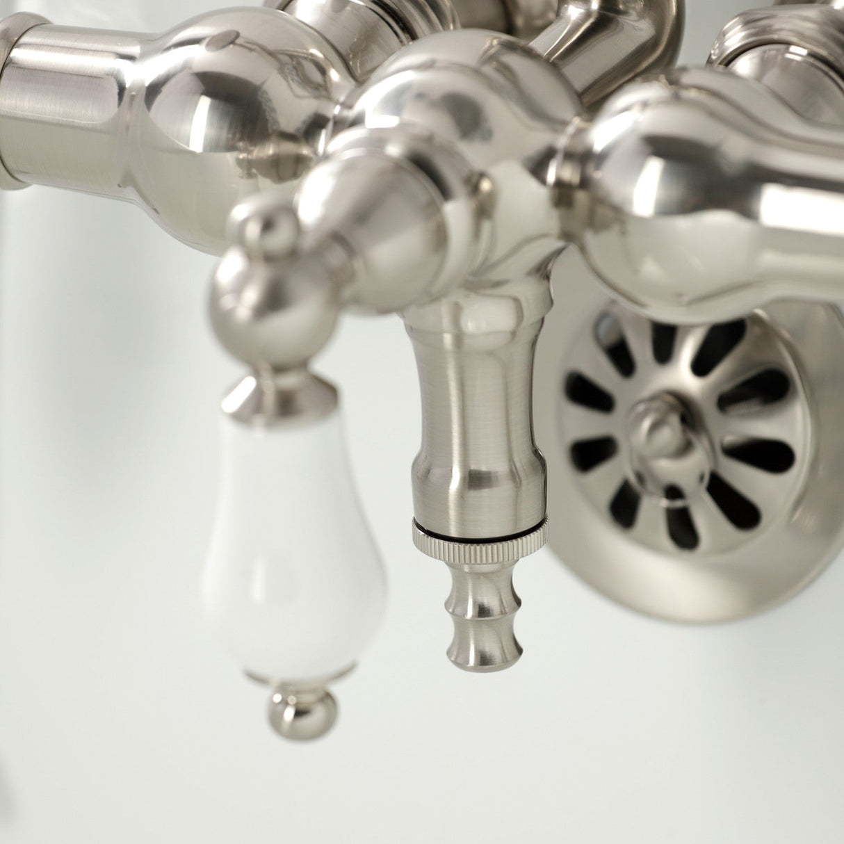 Vintage CA21T8 Three-Handle 2-Hole Wall Mount Clawfoot Tub Faucet with Hand Shower, Brushed Nickel