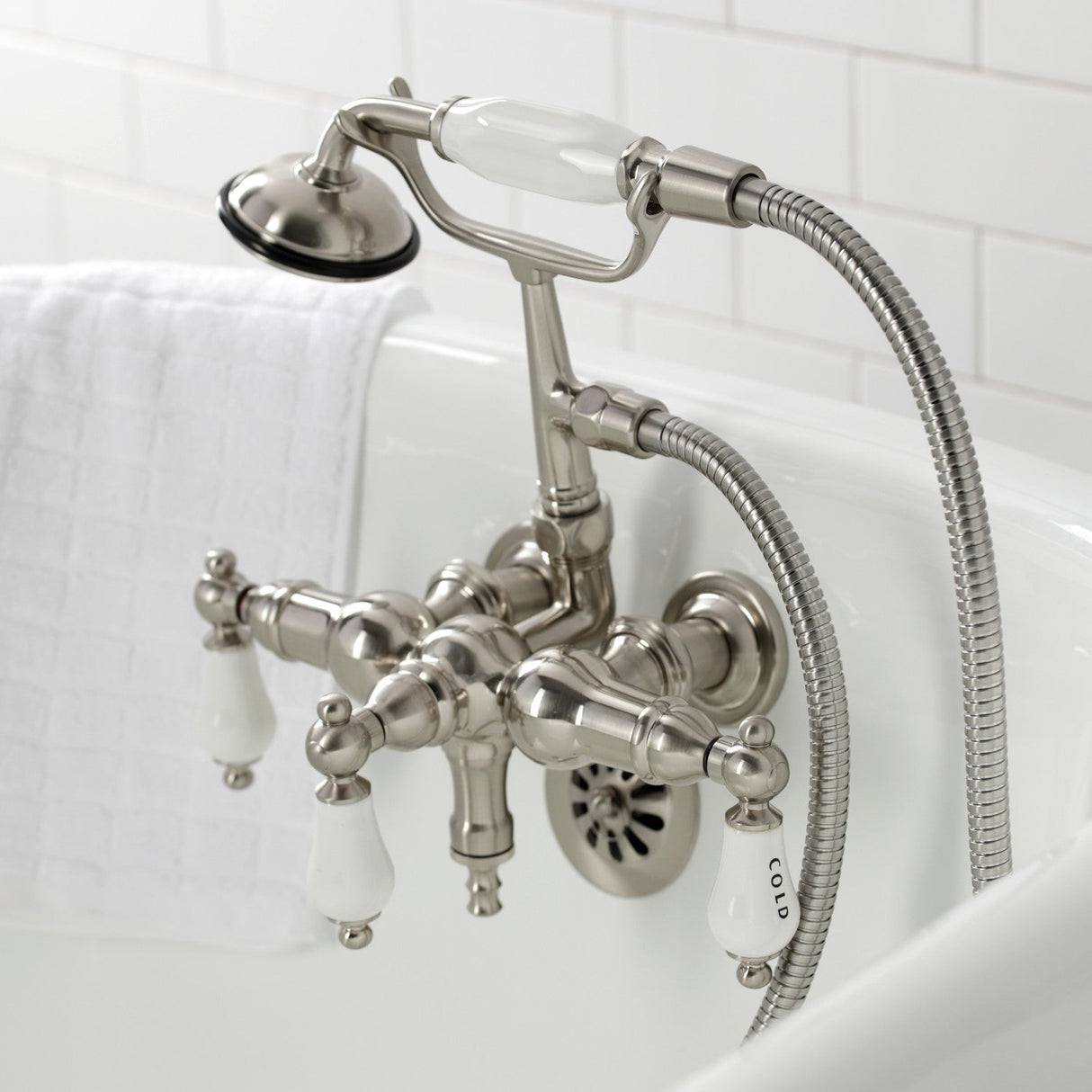 Vintage CA21T8 Three-Handle 2-Hole Wall Mount Clawfoot Tub Faucet with Hand Shower, Brushed Nickel
