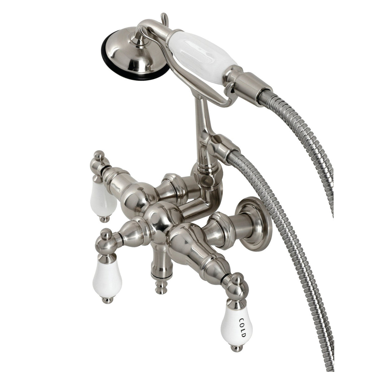 Vintage CA21T8 Three-Handle 2-Hole Wall Mount Clawfoot Tub Faucet with Hand Shower, Brushed Nickel