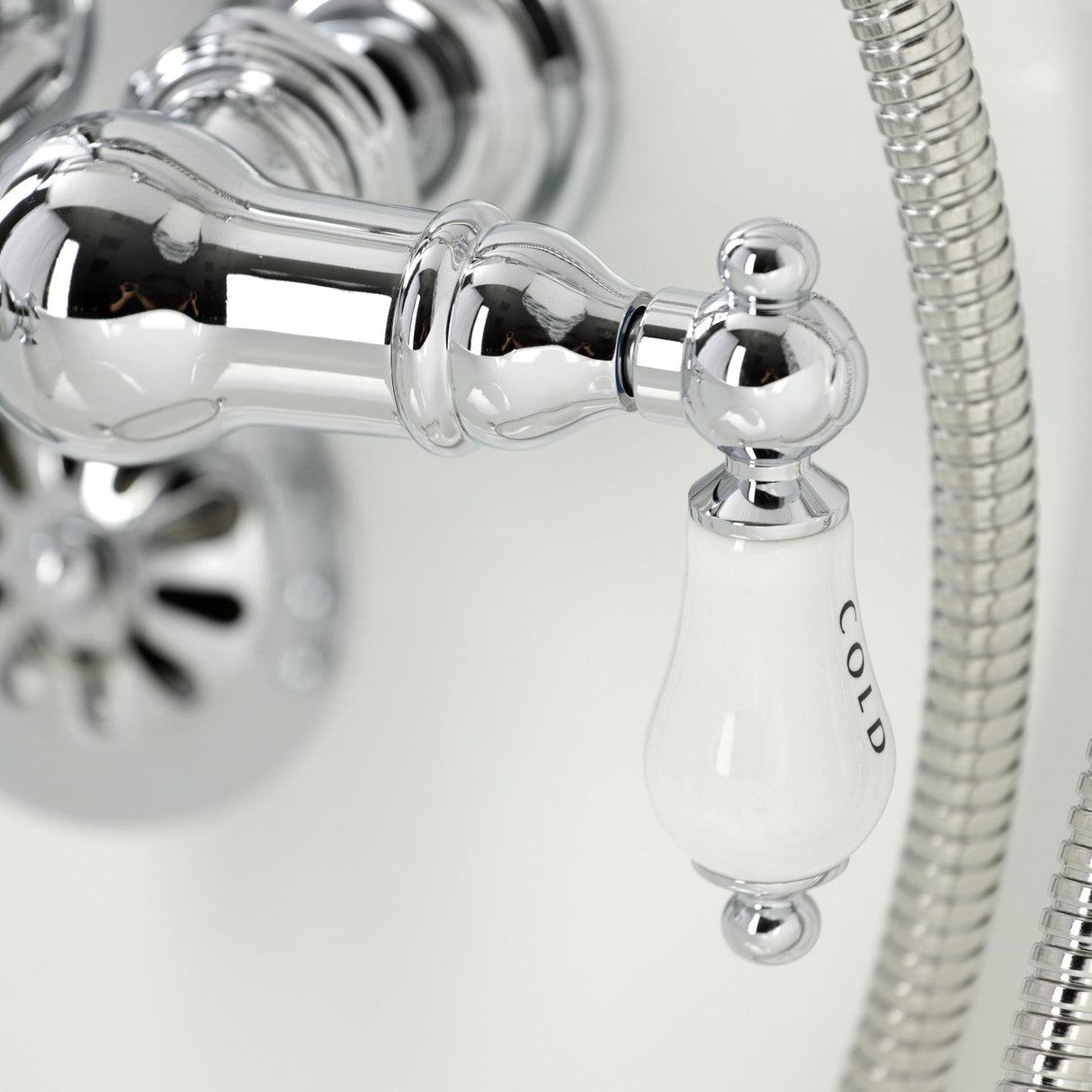 Vintage CA22T1 Three-Handle 2-Hole Wall Mount Clawfoot Tub Faucet with Hand Shower, Polished Chrome