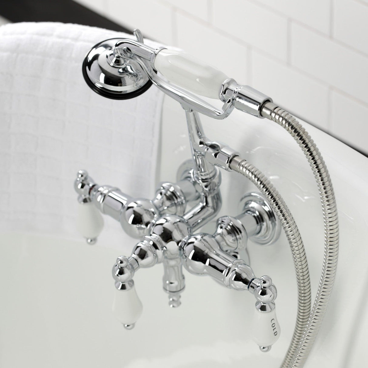 Vintage CA22T1 Three-Handle 2-Hole Wall Mount Clawfoot Tub Faucet with Hand Shower, Polished Chrome