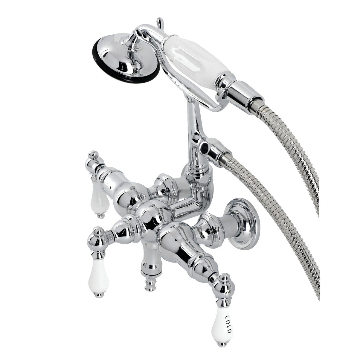 Vintage CA22T1 Three-Handle 2-Hole Wall Mount Clawfoot Tub Faucet with Hand Shower, Polished Chrome