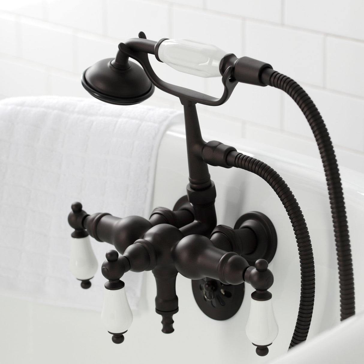 Vintage CA23T5 Three-Handle 2-Hole Wall Mount Clawfoot Tub Faucet with Hand Shower, Oil Rubbed Bronze