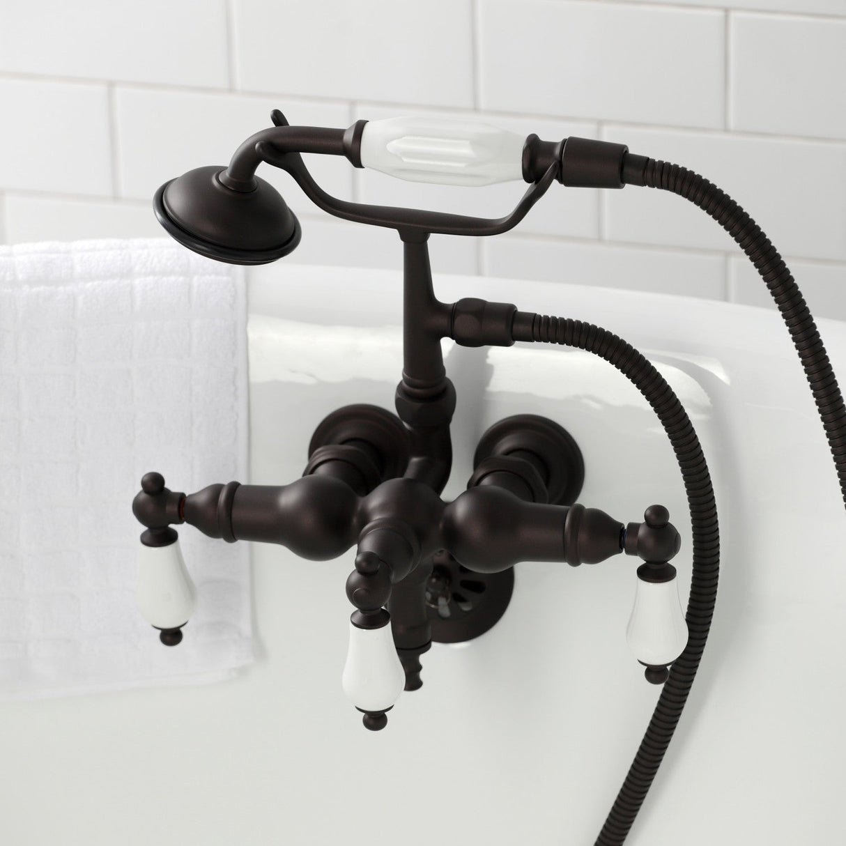 Vintage CA23T5 Three-Handle 2-Hole Wall Mount Clawfoot Tub Faucet with Hand Shower, Oil Rubbed Bronze
