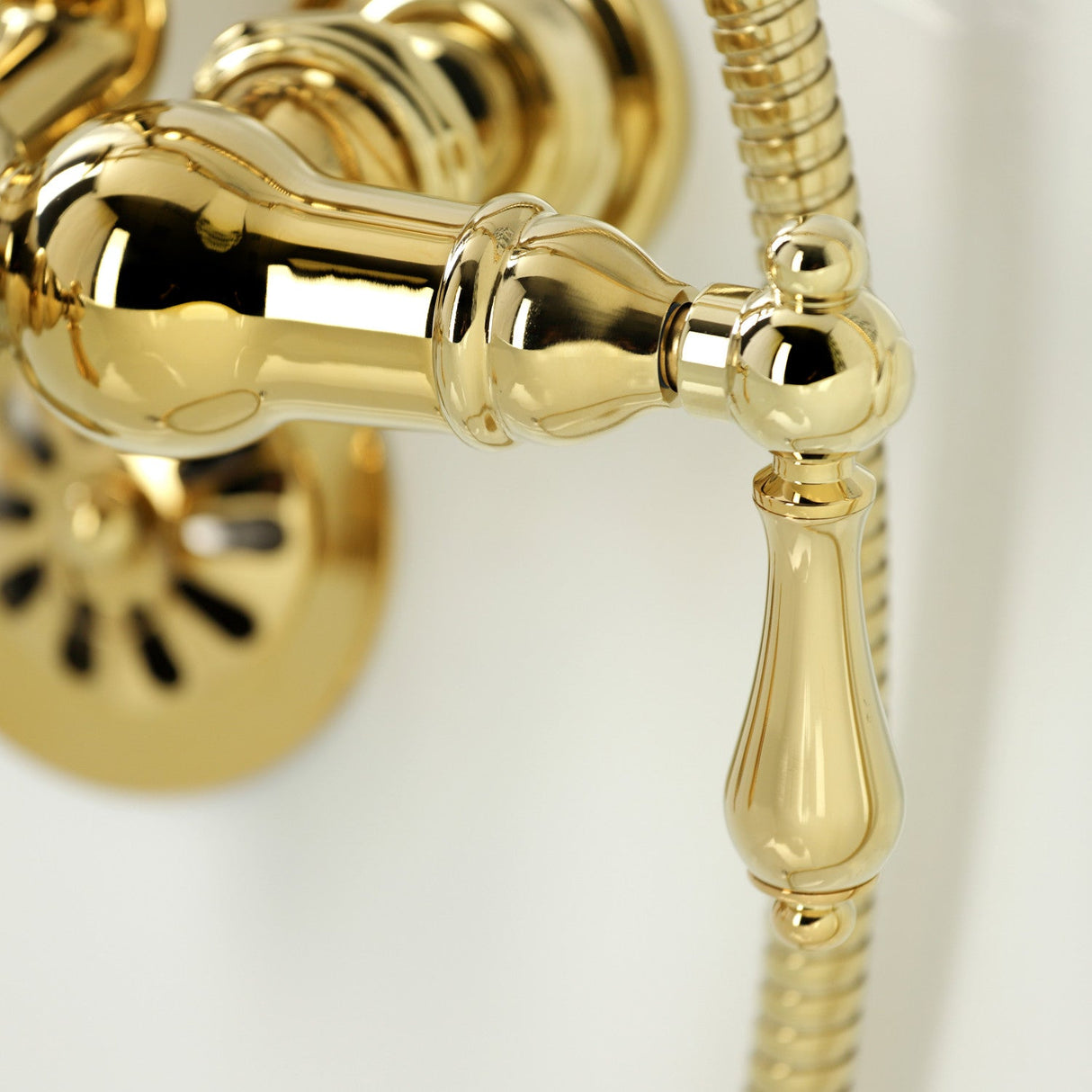 Vintage CA7T2 Three-Handle 2-Hole Wall Mount Clawfoot Tub Faucet with Hand Shower, Polished Brass