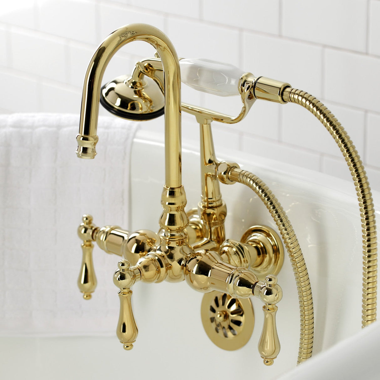 Vintage CA7T2 Three-Handle 2-Hole Wall Mount Clawfoot Tub Faucet with Hand Shower, Polished Brass