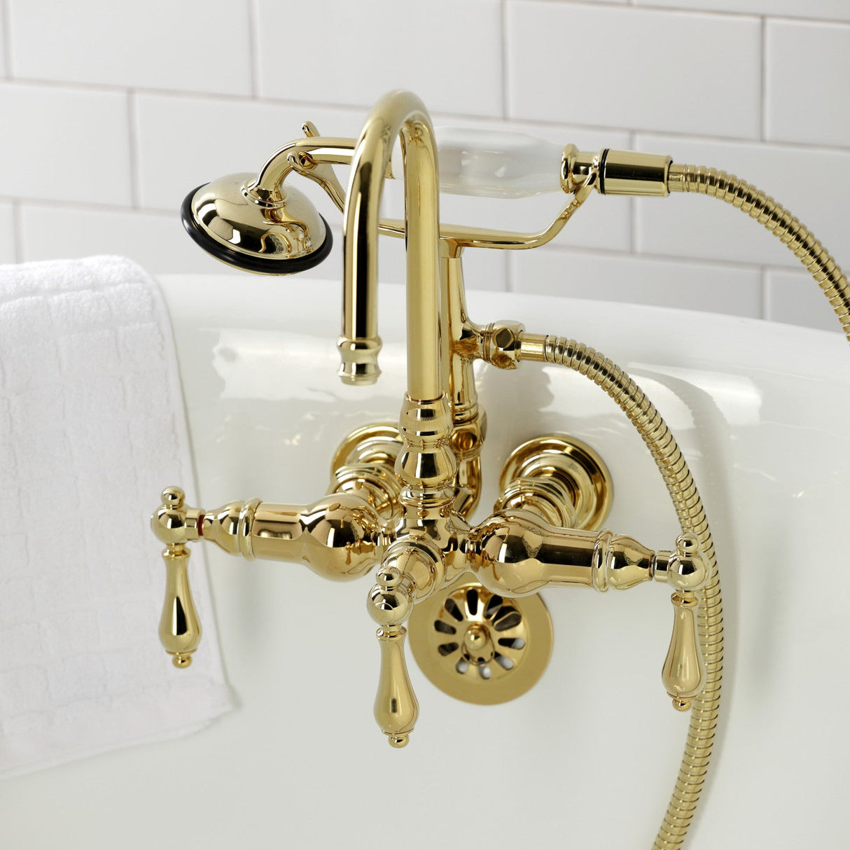 Vintage CA7T2 Three-Handle 2-Hole Wall Mount Clawfoot Tub Faucet with Hand Shower, Polished Brass