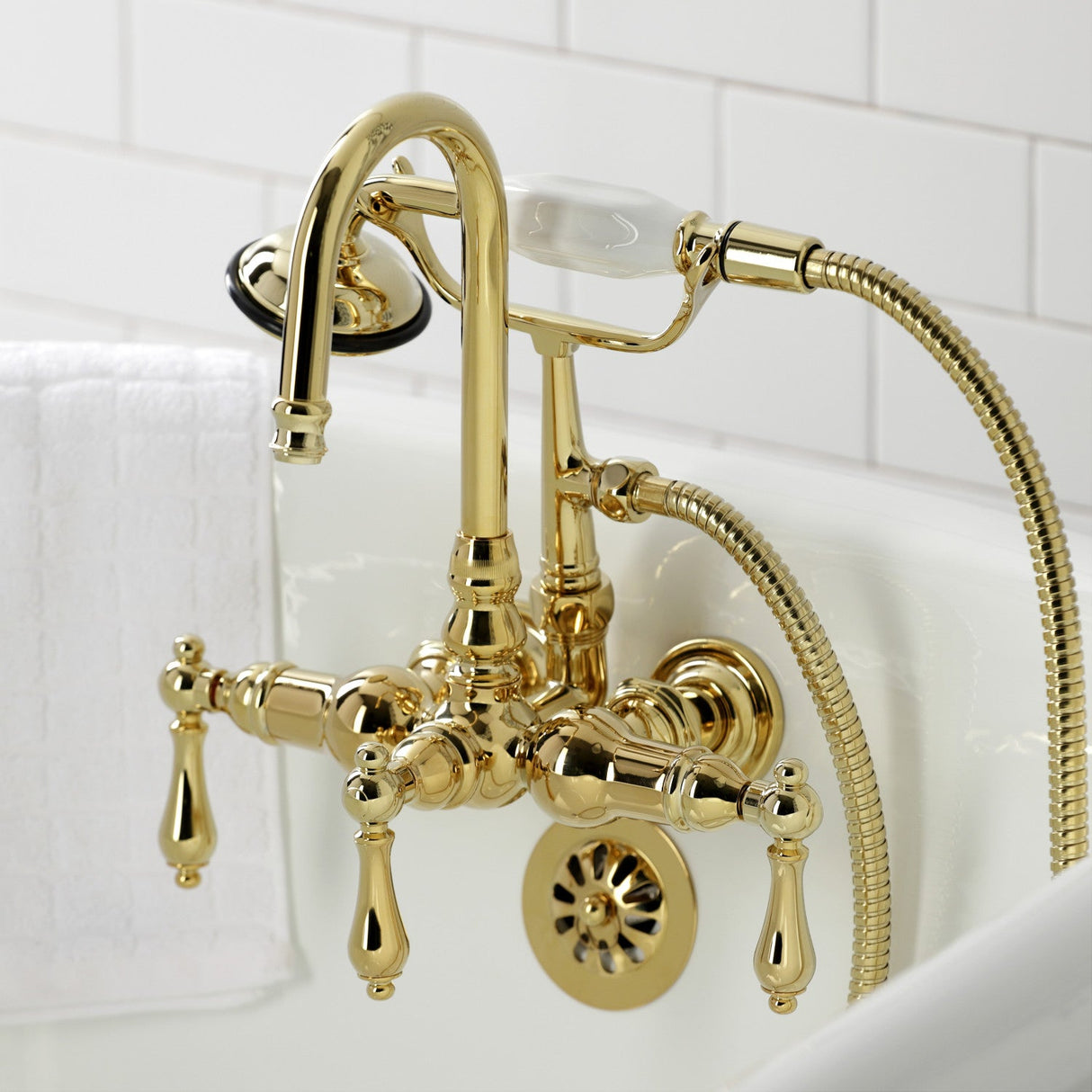 Vintage CA7T2 Three-Handle 2-Hole Wall Mount Clawfoot Tub Faucet with Hand Shower, Polished Brass
