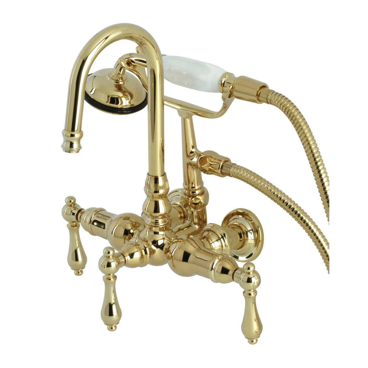 Vintage CA7T2 Three-Handle 2-Hole Wall Mount Clawfoot Tub Faucet with Hand Shower, Polished Brass