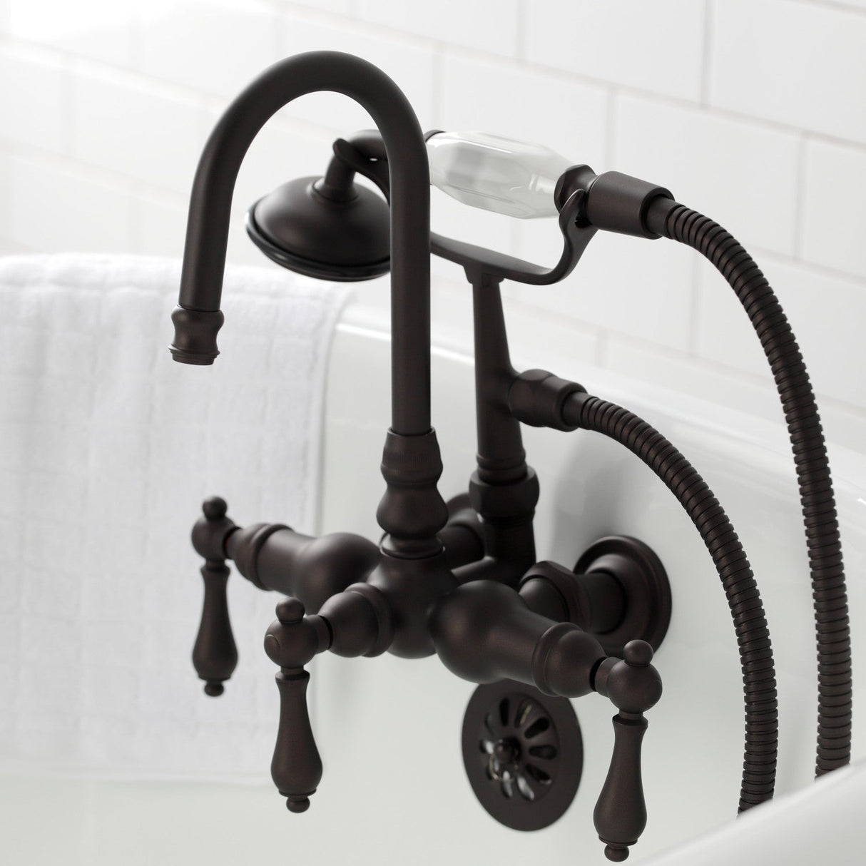 Vintage CA7T5 Three-Handle 2-Hole Wall Mount Clawfoot Tub Faucet with Hand Shower, Oil Rubbed Bronze