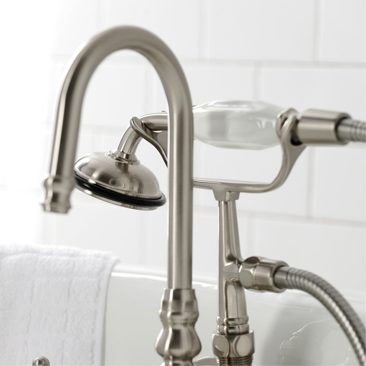 Vintage CA7T8 Three-Handle 2-Hole Wall Mount Clawfoot Tub Faucet with Hand Shower, Brushed Nickel