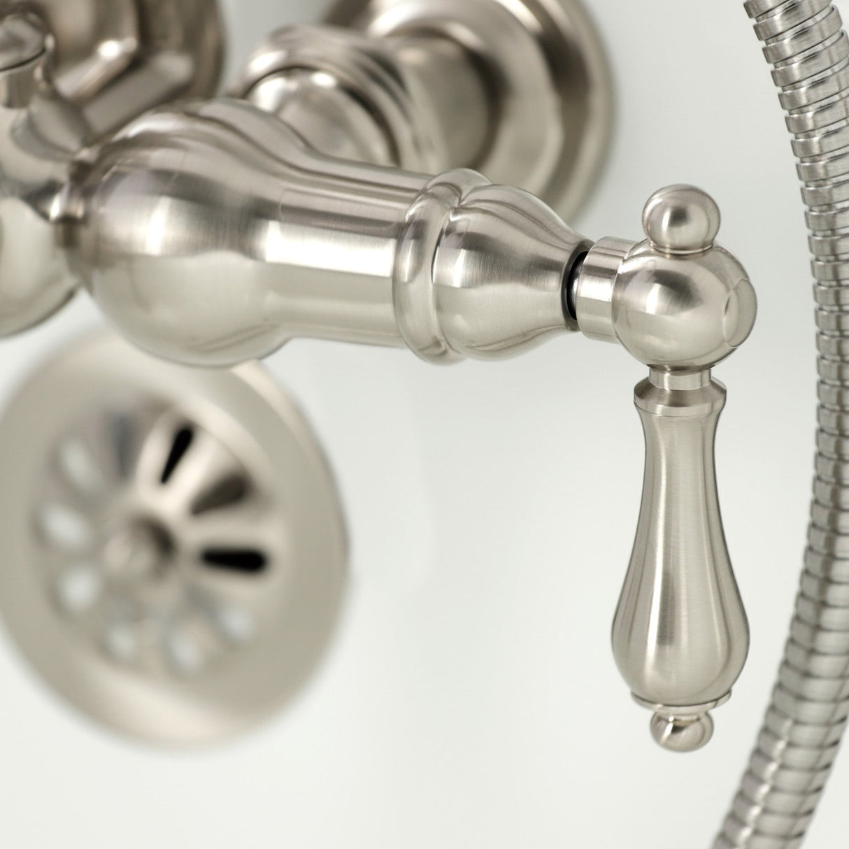 Vintage CA7T8 Three-Handle 2-Hole Wall Mount Clawfoot Tub Faucet with Hand Shower, Brushed Nickel