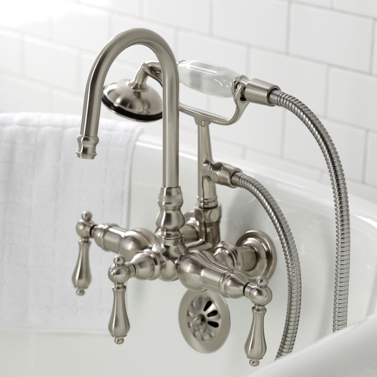 Vintage CA7T8 Three-Handle 2-Hole Wall Mount Clawfoot Tub Faucet with Hand Shower, Brushed Nickel