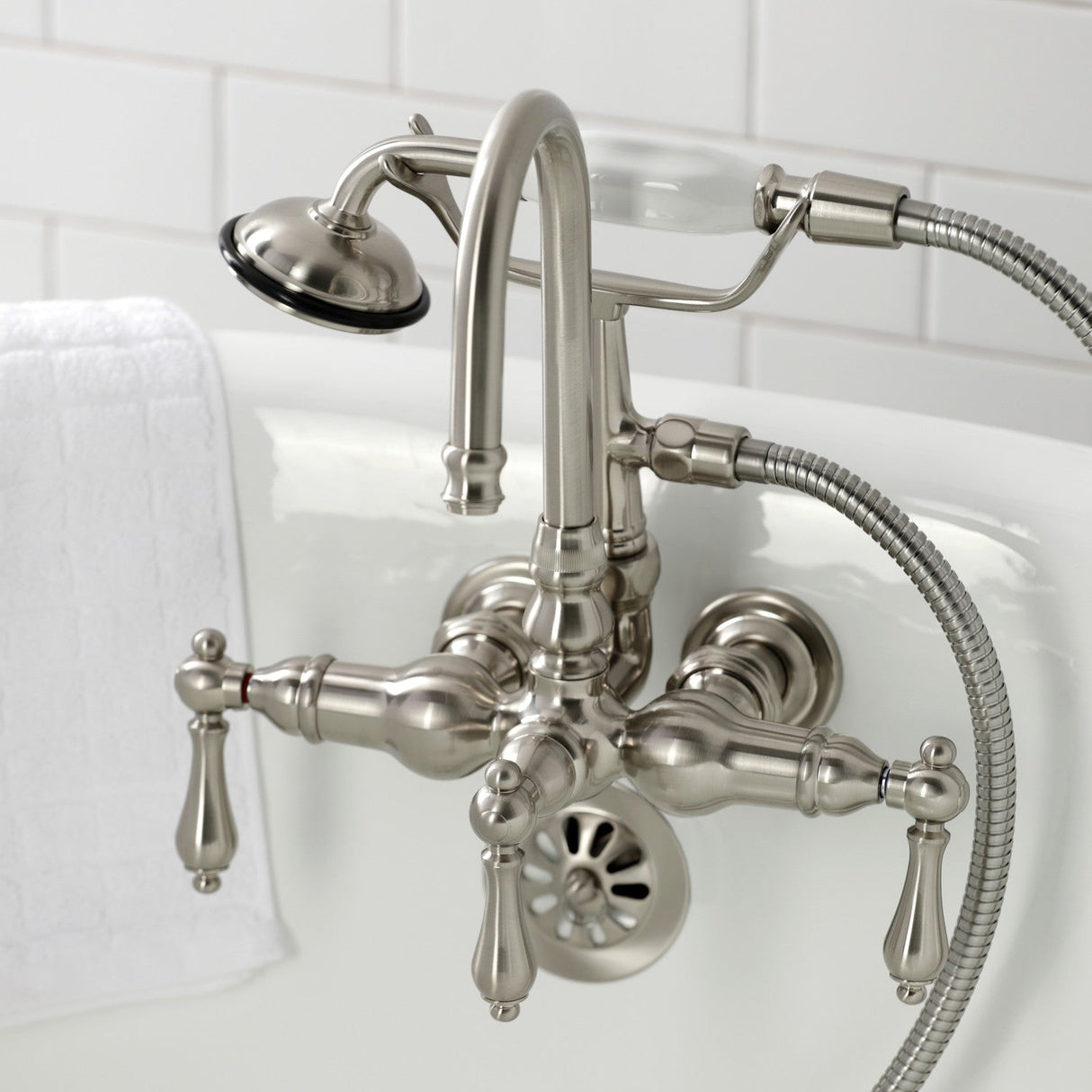 Vintage CA7T8 Three-Handle 2-Hole Wall Mount Clawfoot Tub Faucet with Hand Shower, Brushed Nickel