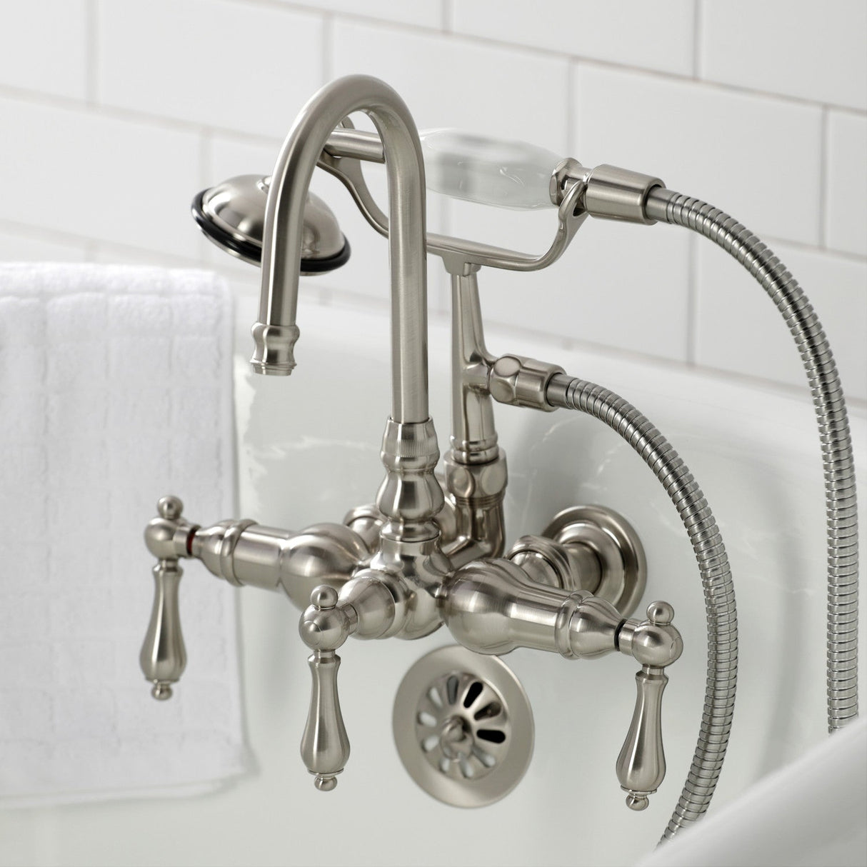 Vintage CA7T8 Three-Handle 2-Hole Wall Mount Clawfoot Tub Faucet with Hand Shower, Brushed Nickel