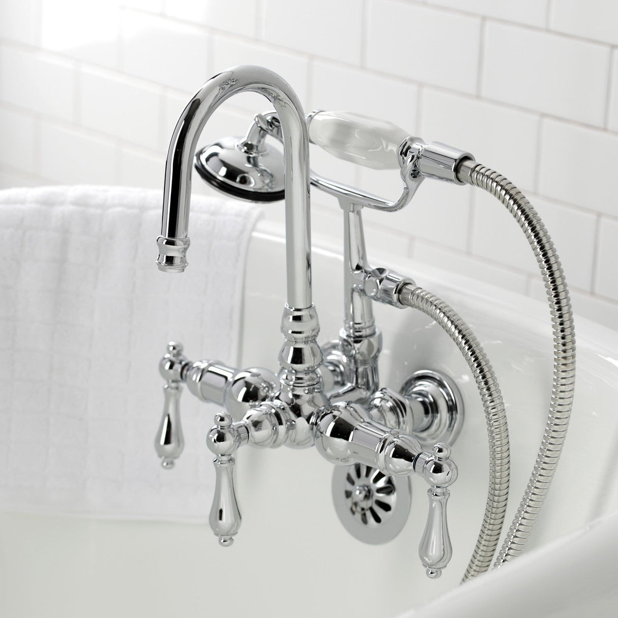 Vintage CA8T1 Three-Handle 2-Hole Wall Mount Clawfoot Tub Faucet with Hand Shower, Polished Chrome