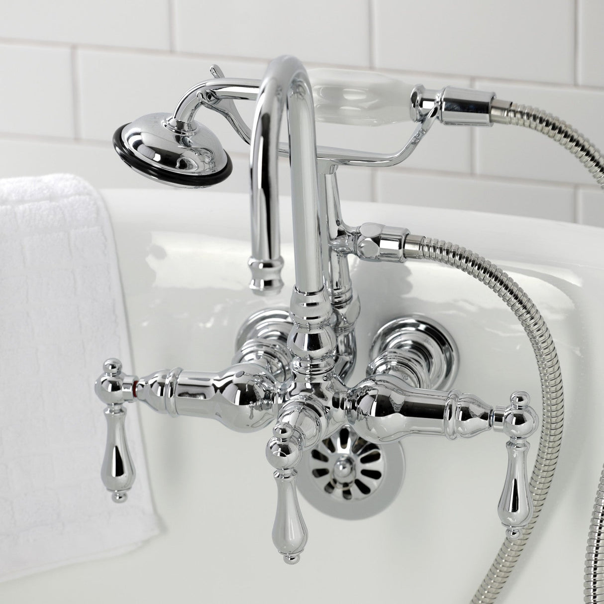 Vintage CA8T1 Three-Handle 2-Hole Wall Mount Clawfoot Tub Faucet with Hand Shower, Polished Chrome