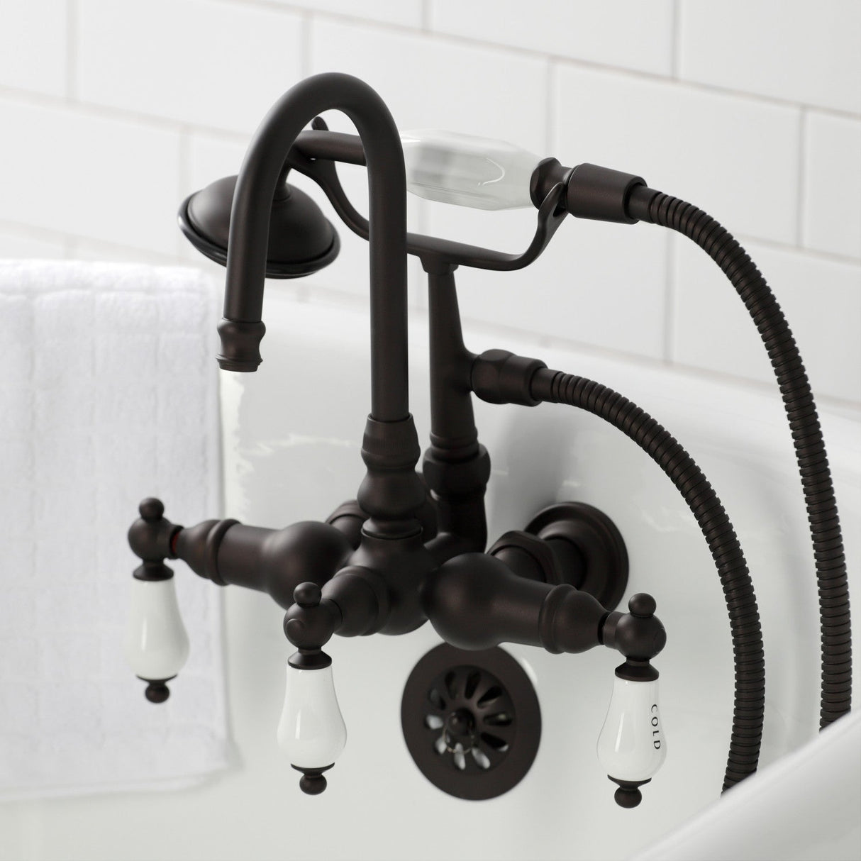 Vintage CA9T5 Three-Handle 2-Hole Wall Mount Clawfoot Tub Faucet with Hand Shower, Oil Rubbed Bronze