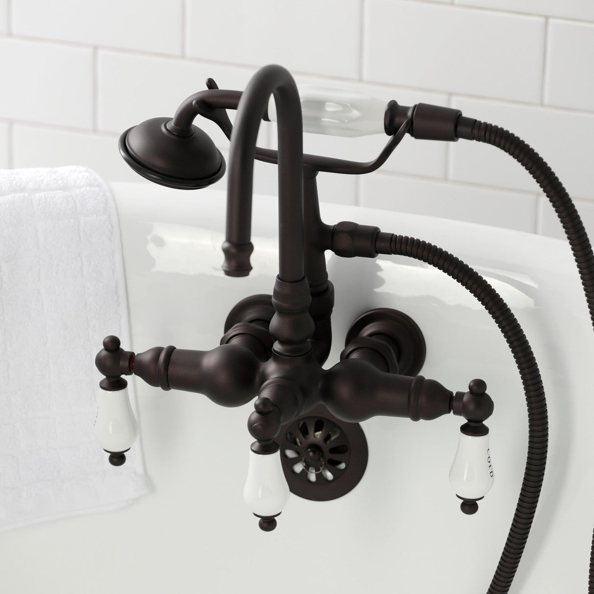 Vintage CA9T5 Three-Handle 2-Hole Wall Mount Clawfoot Tub Faucet with Hand Shower, Oil Rubbed Bronze