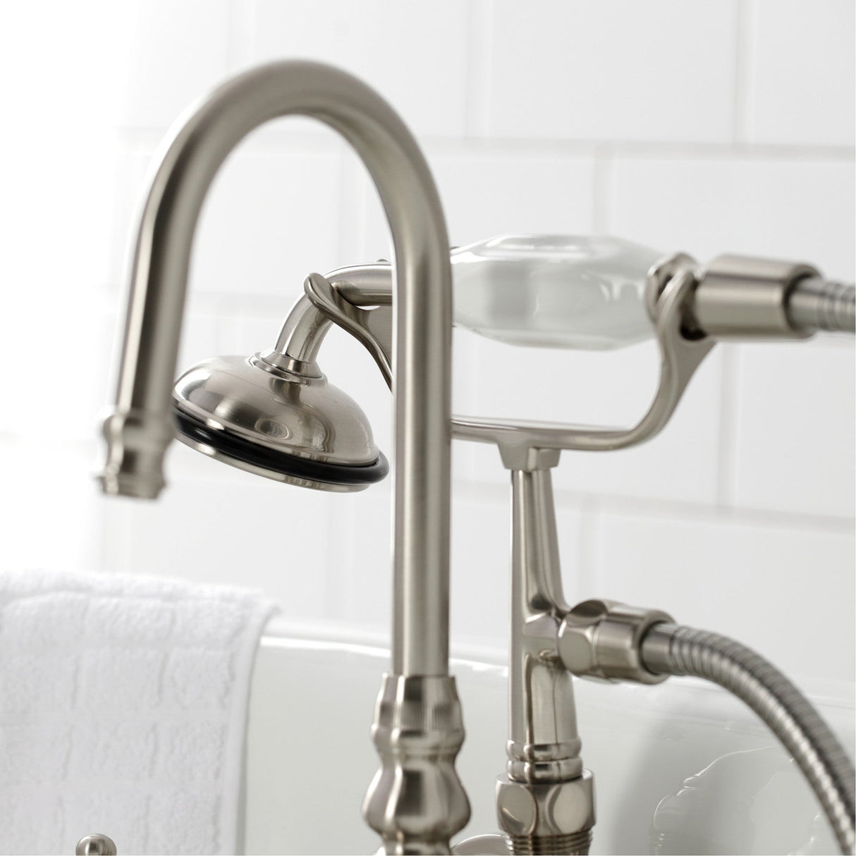 Vintage CA9T8 Three-Handle 2-Hole Wall Mount Clawfoot Tub Faucet with Hand Shower, Brushed Nickel