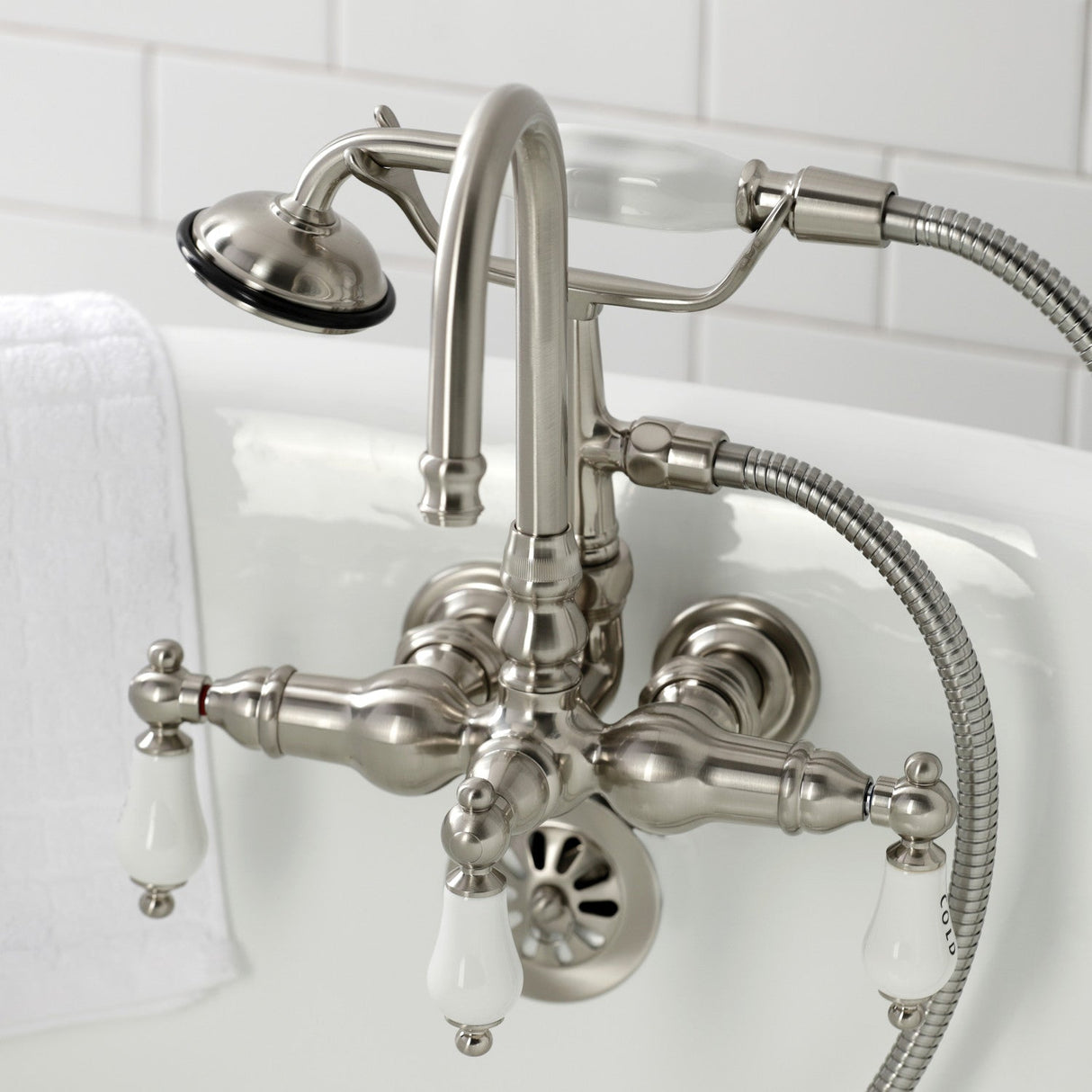 Vintage CA9T8 Three-Handle 2-Hole Wall Mount Clawfoot Tub Faucet with Hand Shower, Brushed Nickel