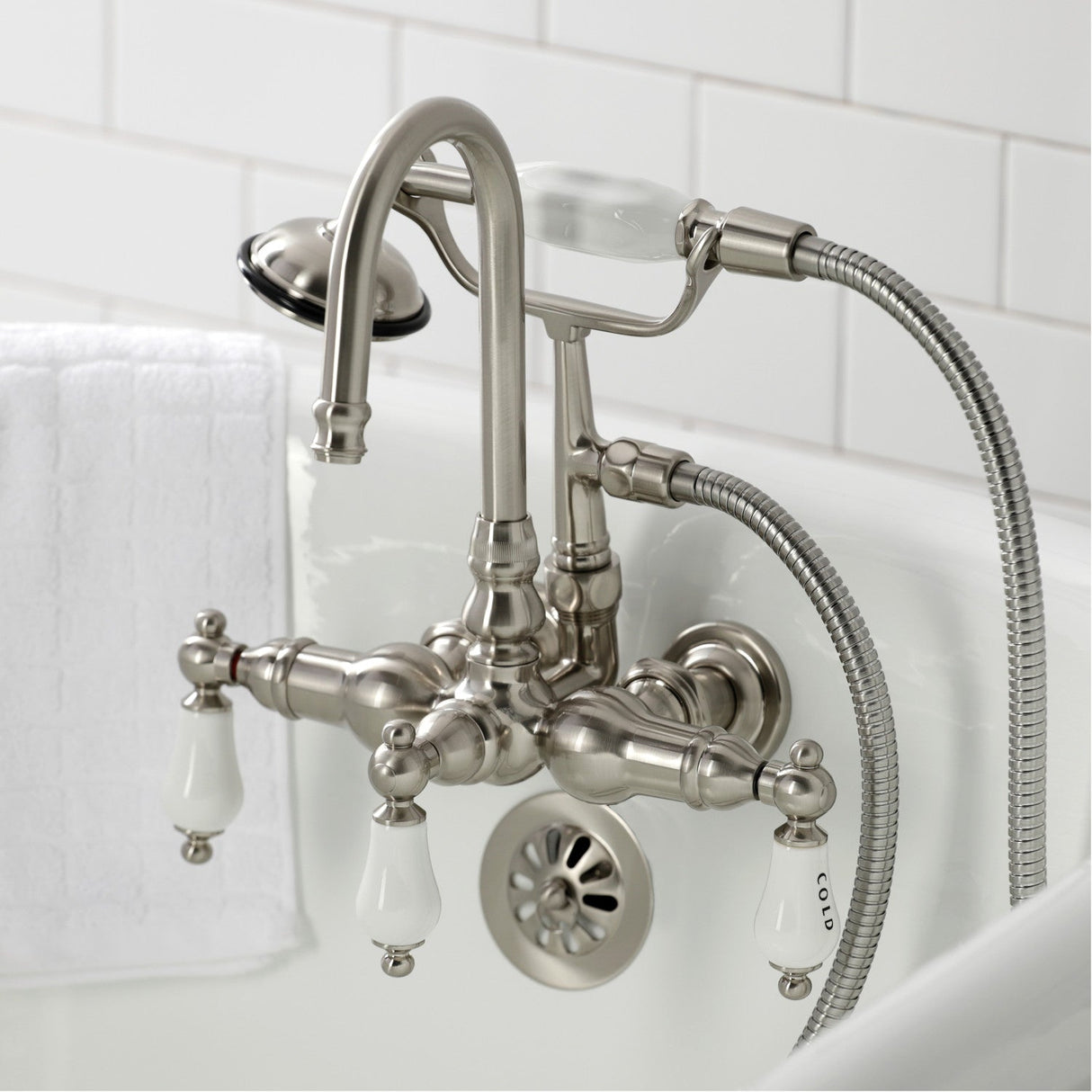 Vintage CA9T8 Three-Handle 2-Hole Wall Mount Clawfoot Tub Faucet with Hand Shower, Brushed Nickel