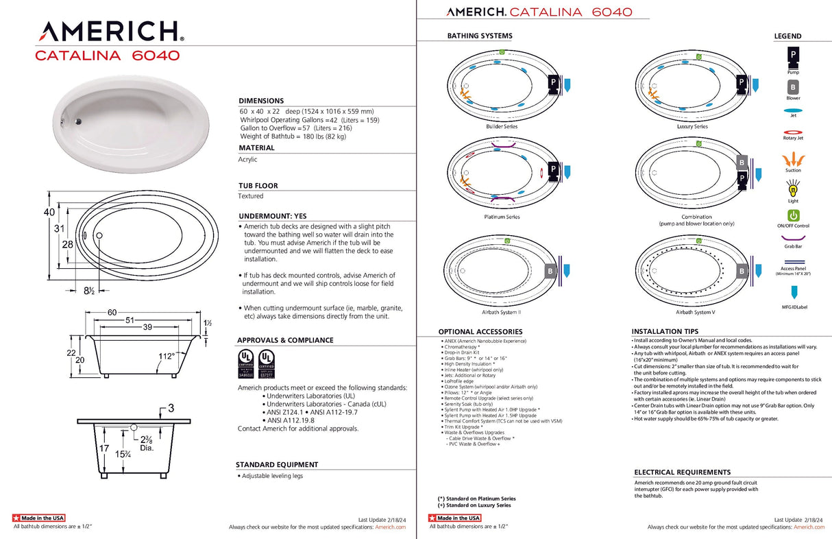 Americh CA6040TA5-BI Catalina 6040 - Tub Only / Airbath 5 - Biscuit