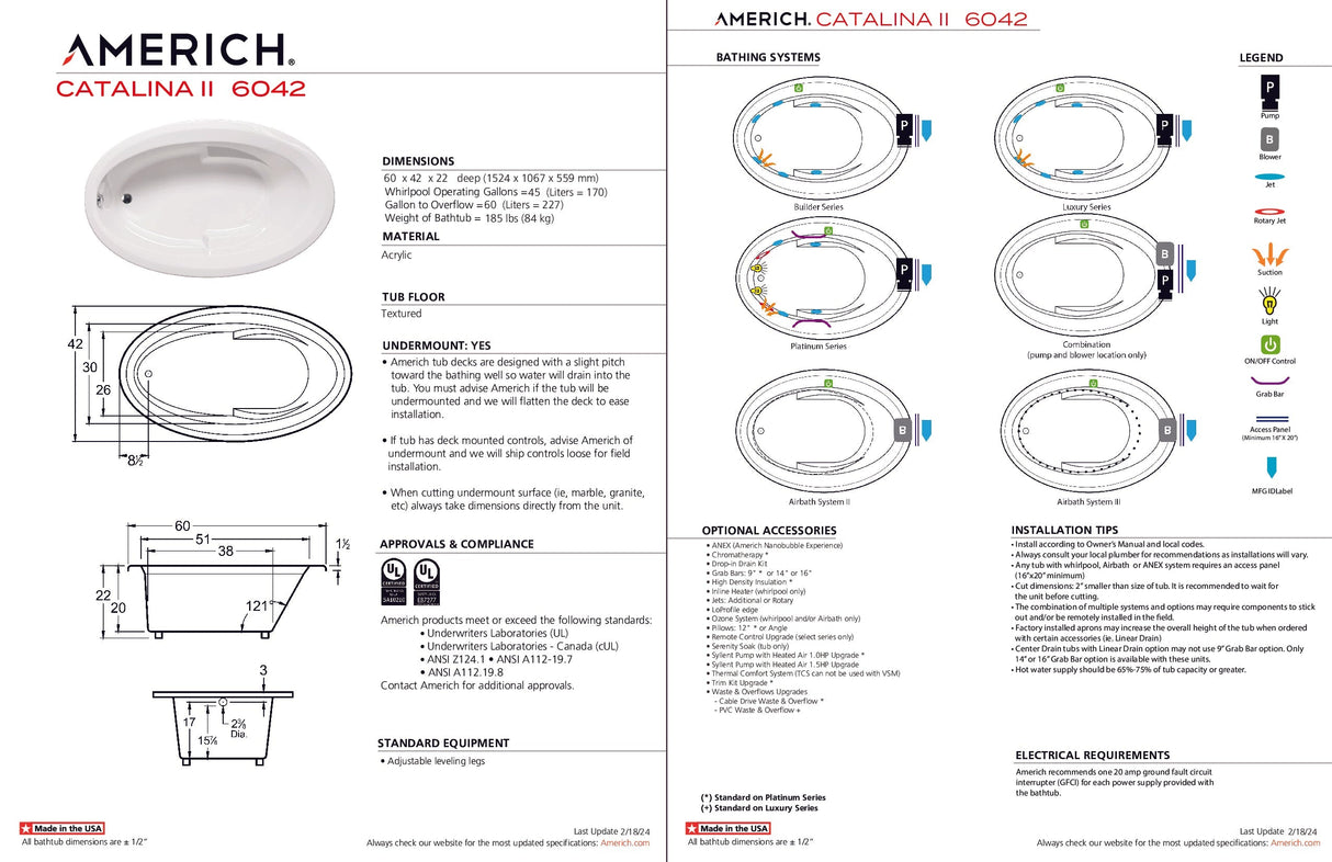 Americh CA6042T2A2-BI Catalina II 6042 - Tub Only / Airbath 2 - Biscuit
