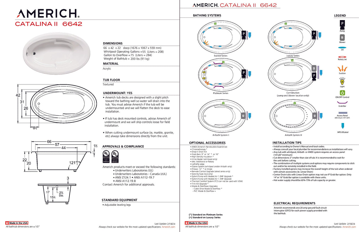 Americh CA6642T2A2-BI Catalina II 6642 - Tub Only / Airbath 2 - Biscuit