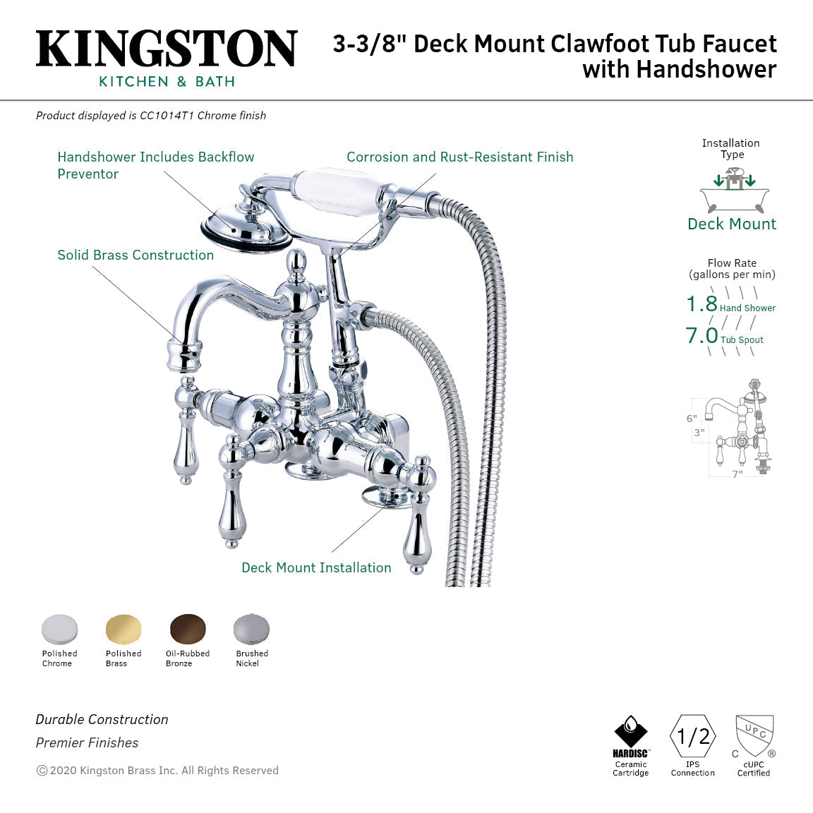 Vintage CC1014T1 Three-Handle 2-Hole Deck Mount Clawfoot Tub Faucet with Hand Shower, Polished Chrome