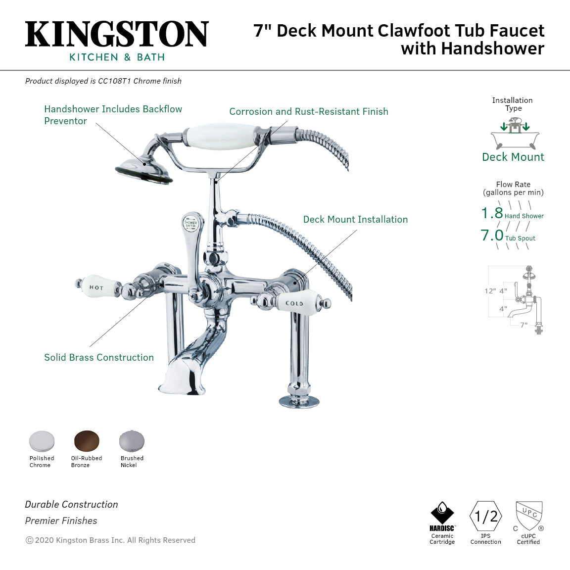 Vintage CC108T1 Three-Handle 2-Hole Deck Mount Clawfoot Tub Faucet with Hand Shower, Polished Chrome