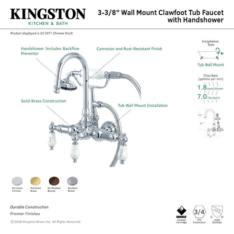 Vintage CC10T1 Three-Handle 2-Hole Tub Wall Mount Clawfoot Tub Faucet with Hand Shower, Polished Chrome