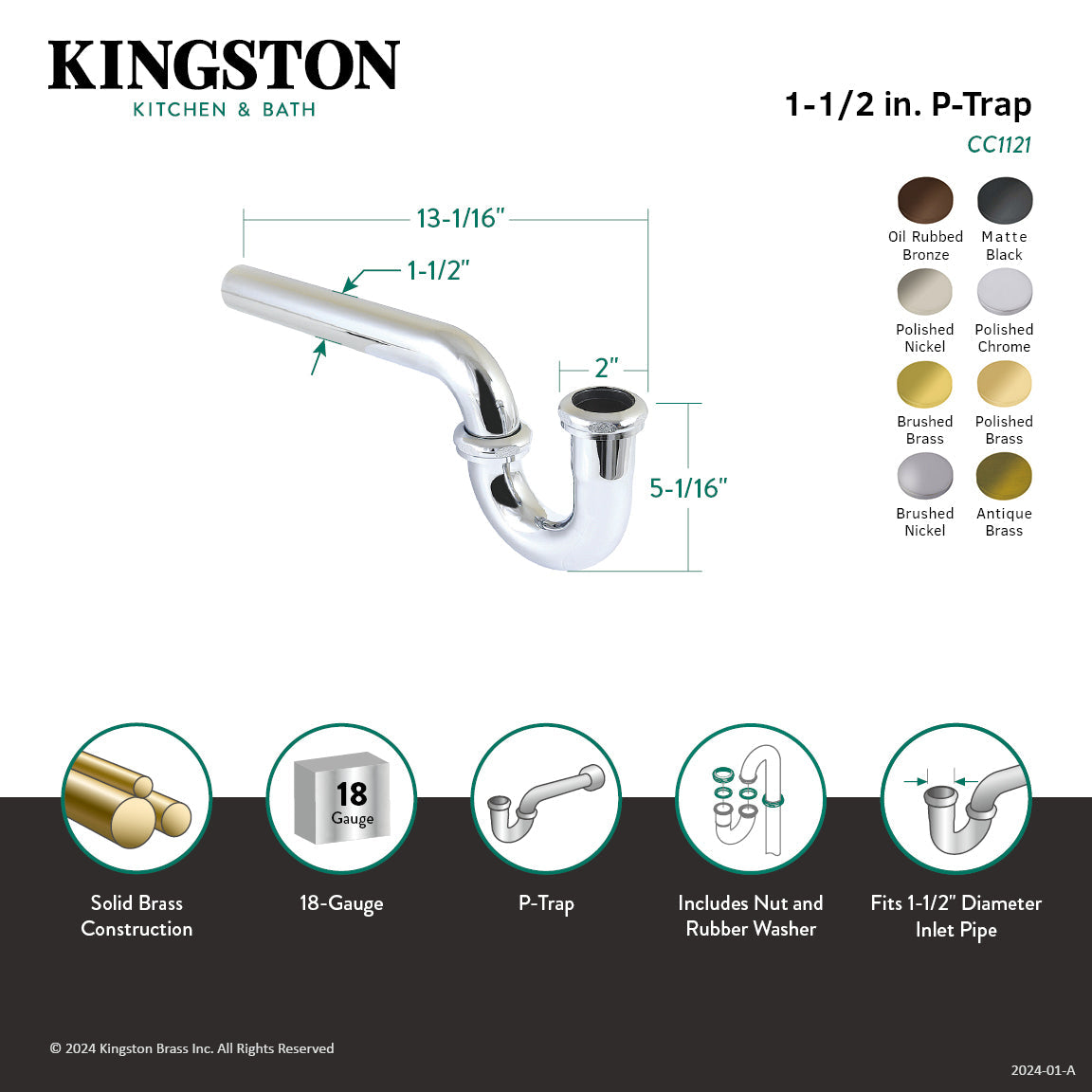 Made To Match CC1127 1-1/2 Inch Decor P-Trap without Flange, 13-1/16 Inch Length, 18 Gauge, Brushed Brass