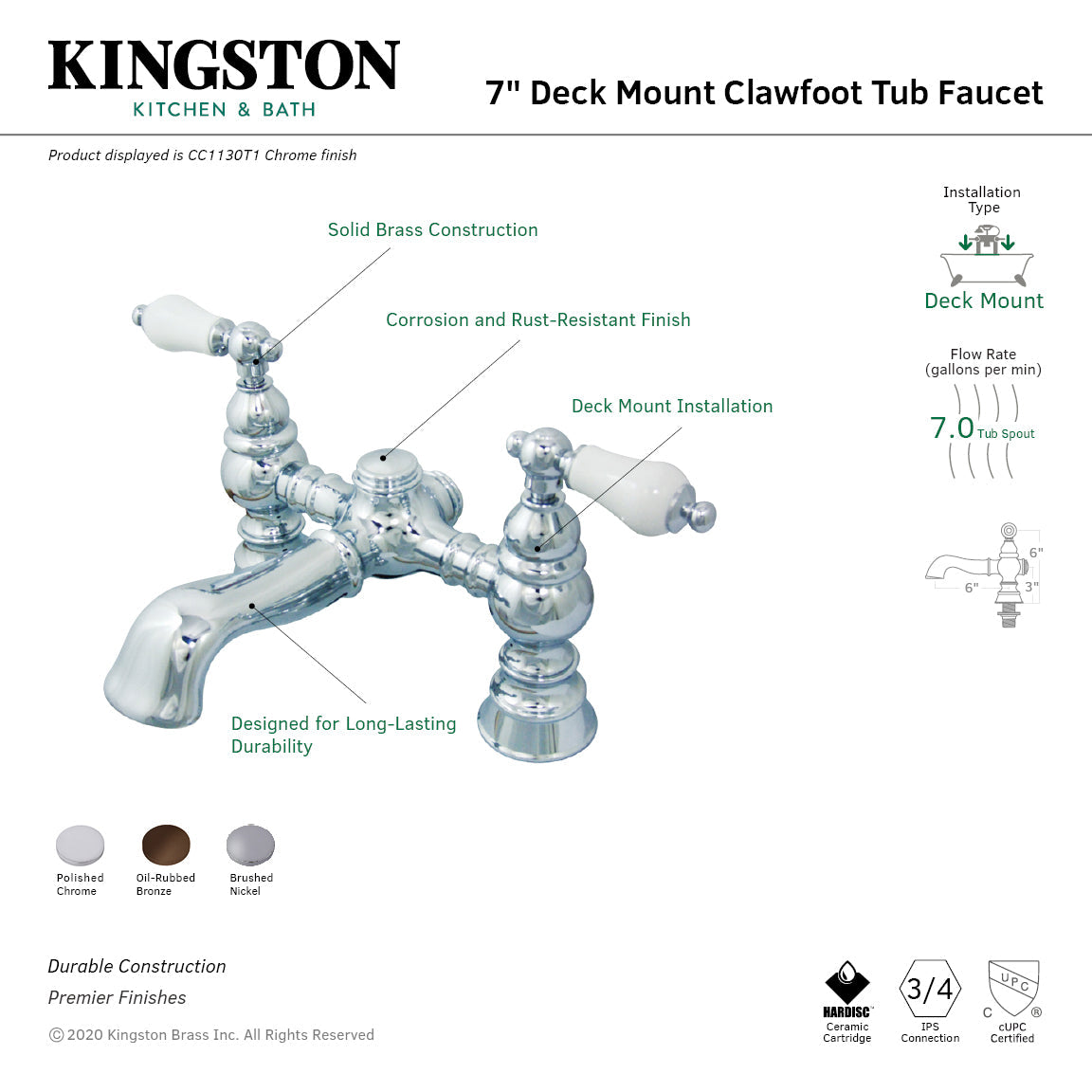 Vintage CC1130T1 Two-Handle 2-Hole Deck Mount Clawfoot Tub Faucet, Polished Chrome