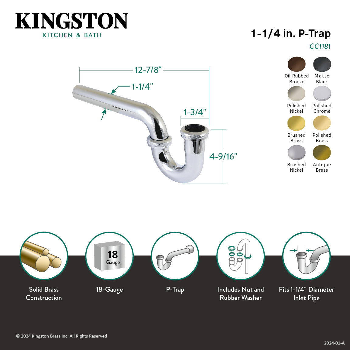 Made To Match CC1186 1-1/4 Inch Decor P-Trap without Flange, 12-7/8 Inch Length, 18 Gauge, Polished Nickel