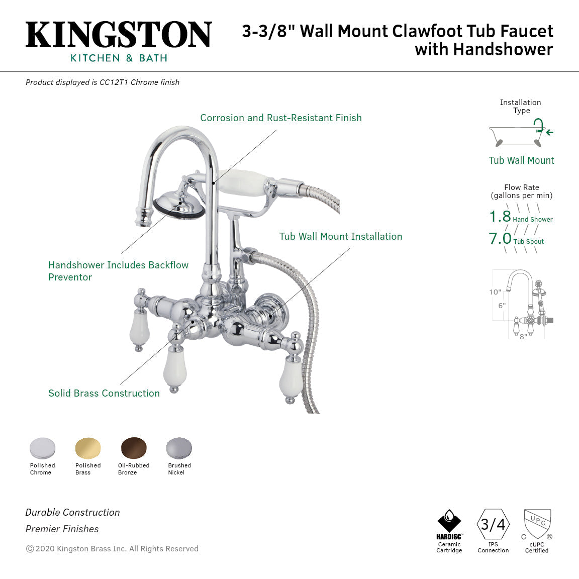 Vintage CC12T1 Three-Handle 2-Hole Tub Wall Mount Clawfoot Tub Faucet with Hand Shower, Polished Chrome