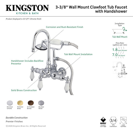 Vintage CC12T1 Three-Handle 2-Hole Tub Wall Mount Clawfoot Tub Faucet with Hand Shower, Polished Chrome