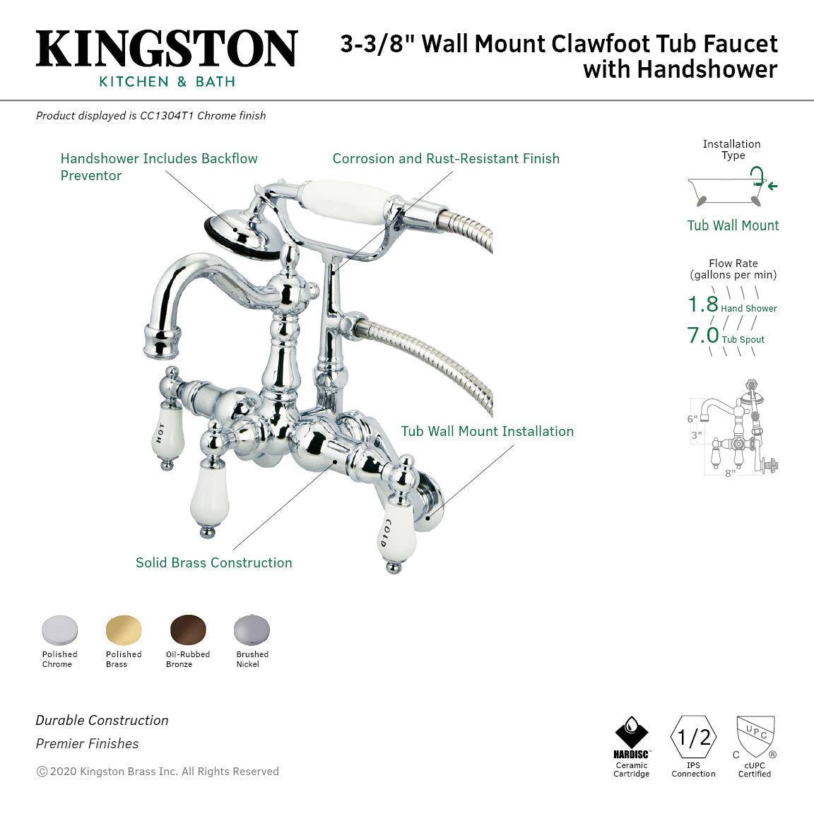 Vintage CC1304T1 Three-Handle 2-Hole Tub Wall Mount Clawfoot Tub Faucet with Hand Shower, Polished Chrome