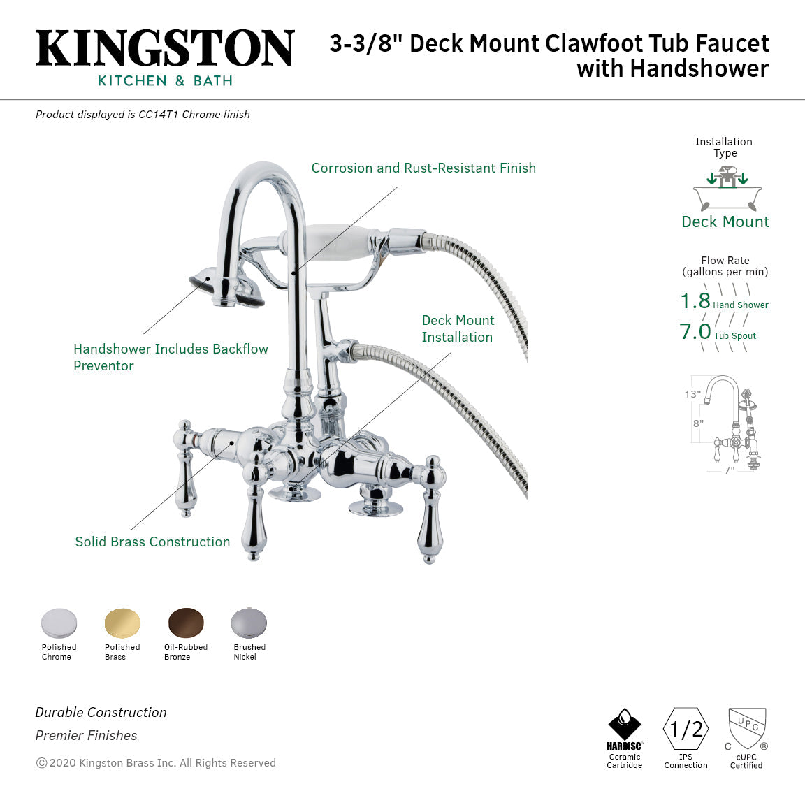 Vintage CC13T2 Three-Handle 2-Hole Deck Mount Clawfoot Tub Faucet with Hand Shower, Polished Brass