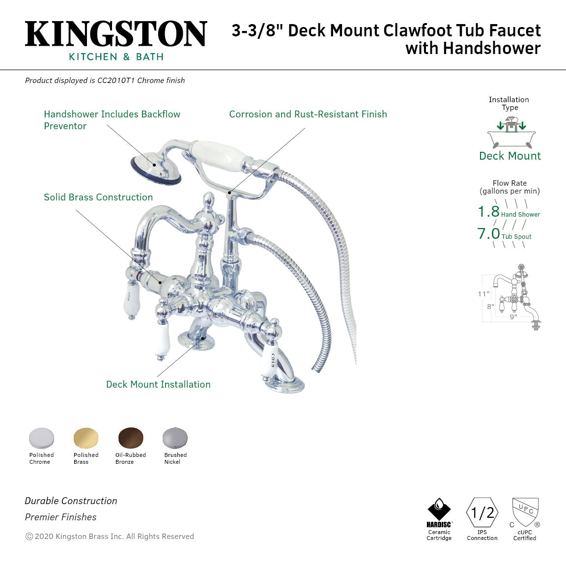 Vintage CC2010T1 Three-Handle 2-Hole Deck Mount Clawfoot Tub Faucet with Hand Shower, Polished Chrome