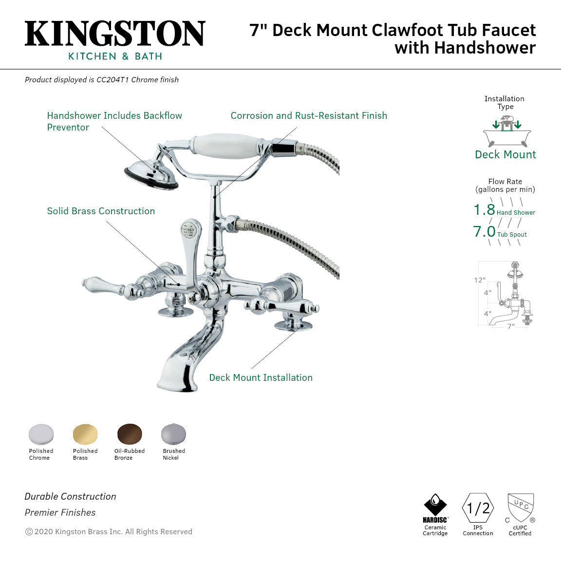 Vintage CC203T5 Three-Handle 2-Hole Deck Mount Clawfoot Tub Faucet with Hand Shower, Oil Rubbed Bronze
